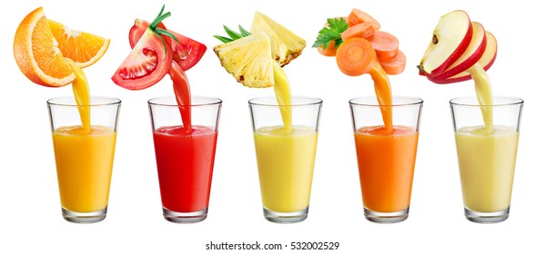 Fresh juice pours from fruit and vegetables into the glass isolated on white background. Full resolution images # 531111286, 531111502, 531111292, 531111310, 531111295