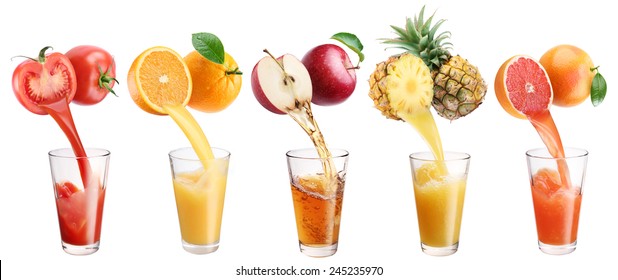 Fresh juice pours from fruits and vegetables in a glass. Clipping path. On a white background. Juice concept. - Powered by Shutterstock