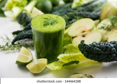 Fresh Juice Smoothie Made with Organic Greens, Apples, Cucumbers, and Limes