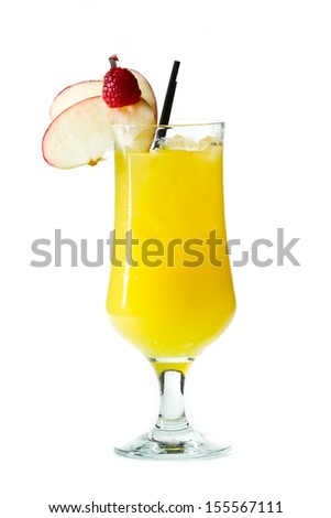 fresh juices served in a tall glass with ice and slices of apple for a garnish isolate don a white background