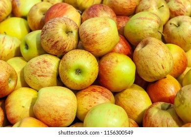 Fresh Juicy Apples On The Store Counter. View From Above