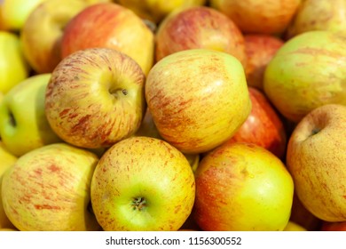 Fresh Juicy Apples On The Store Counter. View From Above