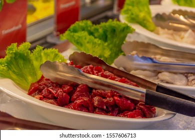 Fresh And Juicy Beef At China Buffet For Teppanyaki Chinese Mongolian Grill Close Up