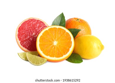 Fresh juicy citrus fruits with green leaves on white background - Shutterstock ID 1938615292