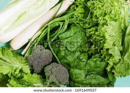 Fresh, juicy, green vegetables in an eco bag on a mint background. Cabbage, spinach, lettuce, onion.