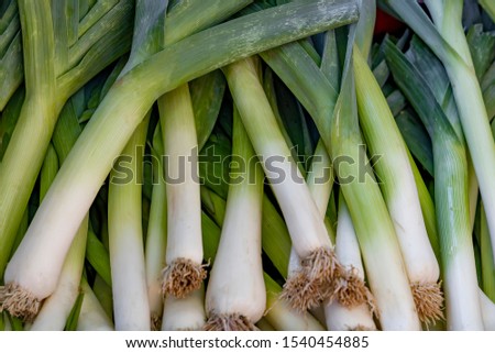 
Fresh juicy raw leeks as a background, closeup. Natural background.