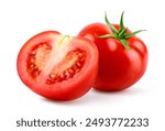 Fresh juicy red Tomato with cut in half  isolated on white background.