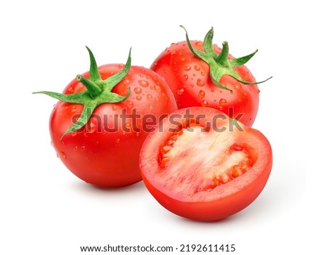 Fresh juicy red Tomato with cut in half and water drops isolated on white background. Clipping path.
