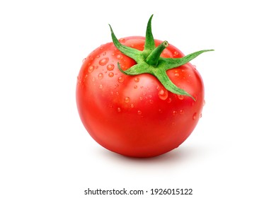 Fresh juicy red tomato with water droplets isolated on white background. Clipping path
