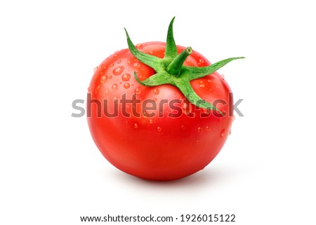 Fresh juicy red tomato with water droplets isolated on white background. Clipping path