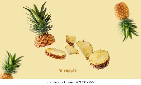 Piña de fruta fresca y jugosa tropical volando aislada en el fondo del color vainilla. Piña de ananas cortada cayendo.  