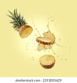 Fresh juicy tropical fruit pineapple with splashing drink flying isolated on yellow color background. Sliced ananas pineapple with drops of juice falling.  - Powered by Shutterstock