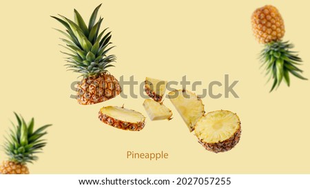 Fresh juicy tropical fruit pineapple flying isolated on vanilla color background. Sliced ananas pineapple falling.  