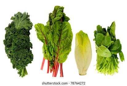 Fresh Kale, Swiss Chard, Belgian Endive And Spinach On A White Background