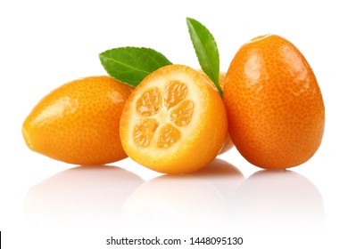 Fresh kumquats and leaf isolated on white background