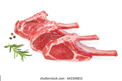 Fresh Lamb Cutlet  With  Rosemary And Pepper Isolated On White Background