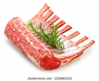 Fresh lamb rack with rosemary isolated on white background, Fresh Raw lamb loin on White Background With clipping path. - Shutterstock ID 2250862523
