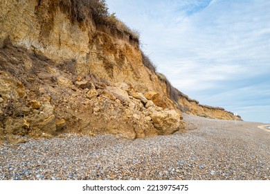 Fresh Landslide Seen On The Suffolk, UK Coast. The Coast Suffers From Erosion Due To The Rising Sea Levels Of The North Sea.