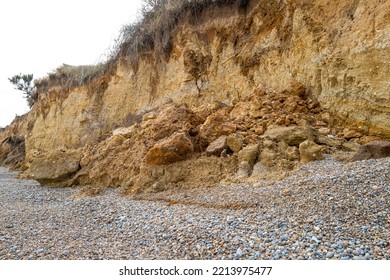 Fresh Landslide Seen On The Suffolk, UK Coast. The Coast Suffers From Erosion Due To The Rising Sea Levels Of The North Sea.