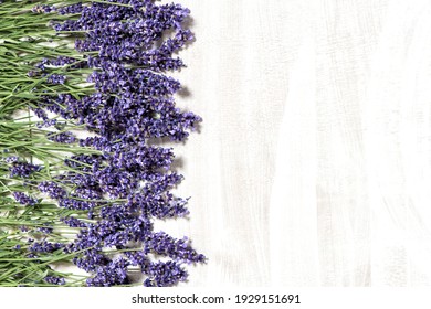 Fresh lavender flowers on bright wooden background