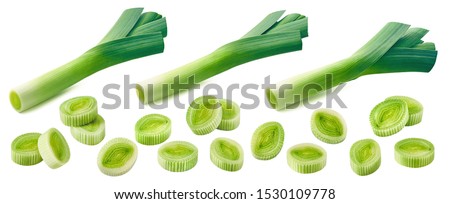 Fresh leek pieces set isolated on white background. Package design element with clipping path