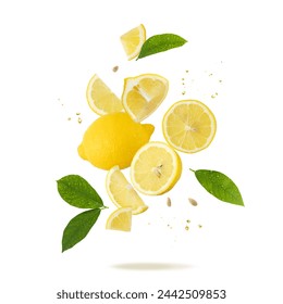 Fresh lemon fruit whole and slices with leaves falling flying isolated on white background. - Powered by Shutterstock