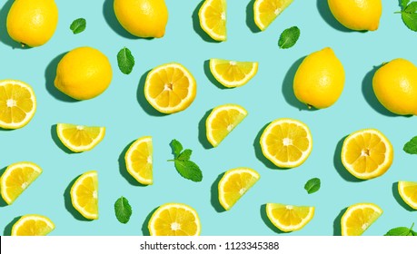 Fresh Lemon Pattern On A Bright Color Background Flat Lay