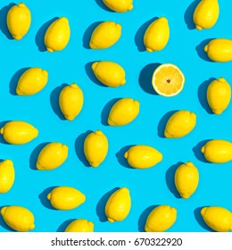 Fresh Lemon Pattern On A Vivid Blue Background Flat Lay