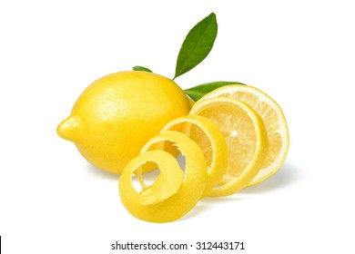 Fresh Lemon And Lemon Peel On White