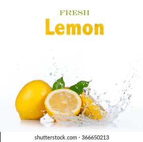 Fresh Lemon In Water Splash On White