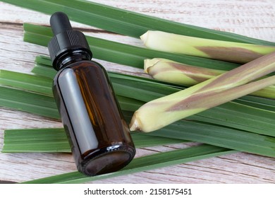 Fresh Lemongrass Leaves With Essential Oil Bottle On Table Lemongrass Is A Tropical, Grassy Plant Used In Cooking And Herbal Medicine. Extracted From The Leaves And Stalks, Citrus Scent.