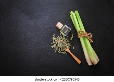 Fresh lemongrass rope with dry leaf lemon grass and lemon grass oil bottle on black dark background , top view , flat lay. - Powered by Shutterstock