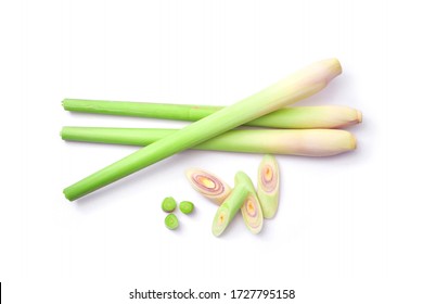 Fresh Lemongrass With Slices Lemon Grass Isolated On White Background , Top View , Flat Lay.