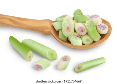 Fresh Lemongrass slices in wooden spoon isolated on white background with clipping path and full depth of field