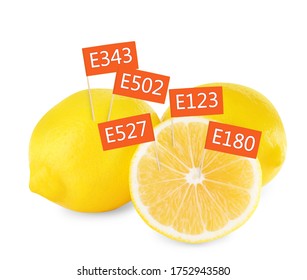 Fresh Lemons With E Numbers On White Background. Harmful Food Additives 