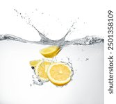 Fresh lemons falling into water on white background