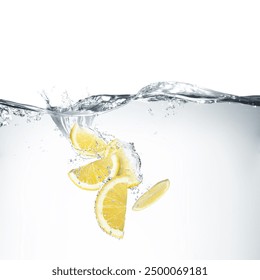 Fresh lemons falling into water on white background - Powered by Shutterstock