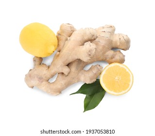 Fresh Lemons And Ginger On White Background, Top View