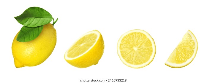 Fresh lemons isolated on white, set. Whole one, half and slices - Powered by Shutterstock