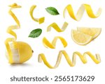 Fresh lemons, peels and green leaves on white background