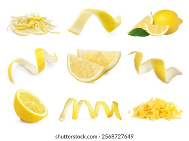 Limones frescos, cáscaras y ralladura sobre fondo blanco