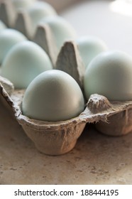 Fresh Light Green Chicken Eggs In Paper Carton In Natural Light