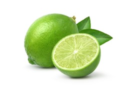 Fresh Lime With  Cut In Half And Leaves Isolated On White Background.