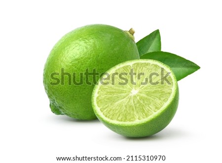 Fresh lime with  cut in half and leaves isolated on white background.