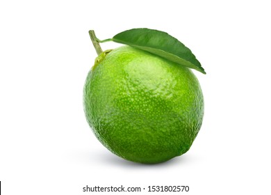 Fresh lime fruit with green leaf isolated on white background. Clipping path.