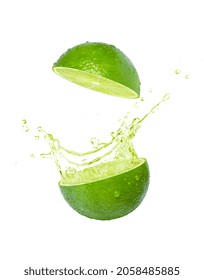 Fresh Lime Fruit With Juice Splash Isolated On White Background.