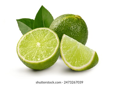 Fresh lime with half and green leaves isolated on white background.