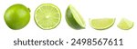 Fresh lime isolated on white, collage. Whole, halves and slices