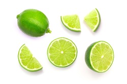 Fresh Lime Isolated On White Background , Slices Lime Collection Top View. Flat Lay.