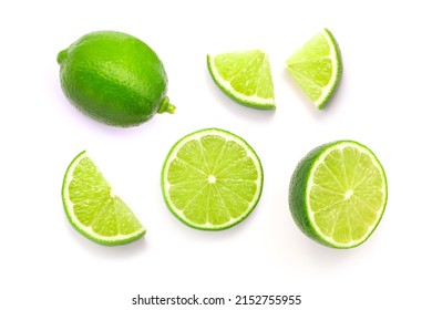 Fresh lime isolated on white background , slices lime collection top view.